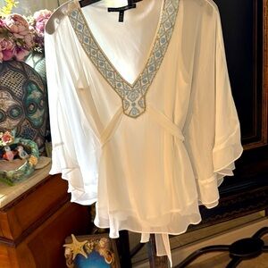 White House Black Market White Blouse with Blue Embroidery and silver beads